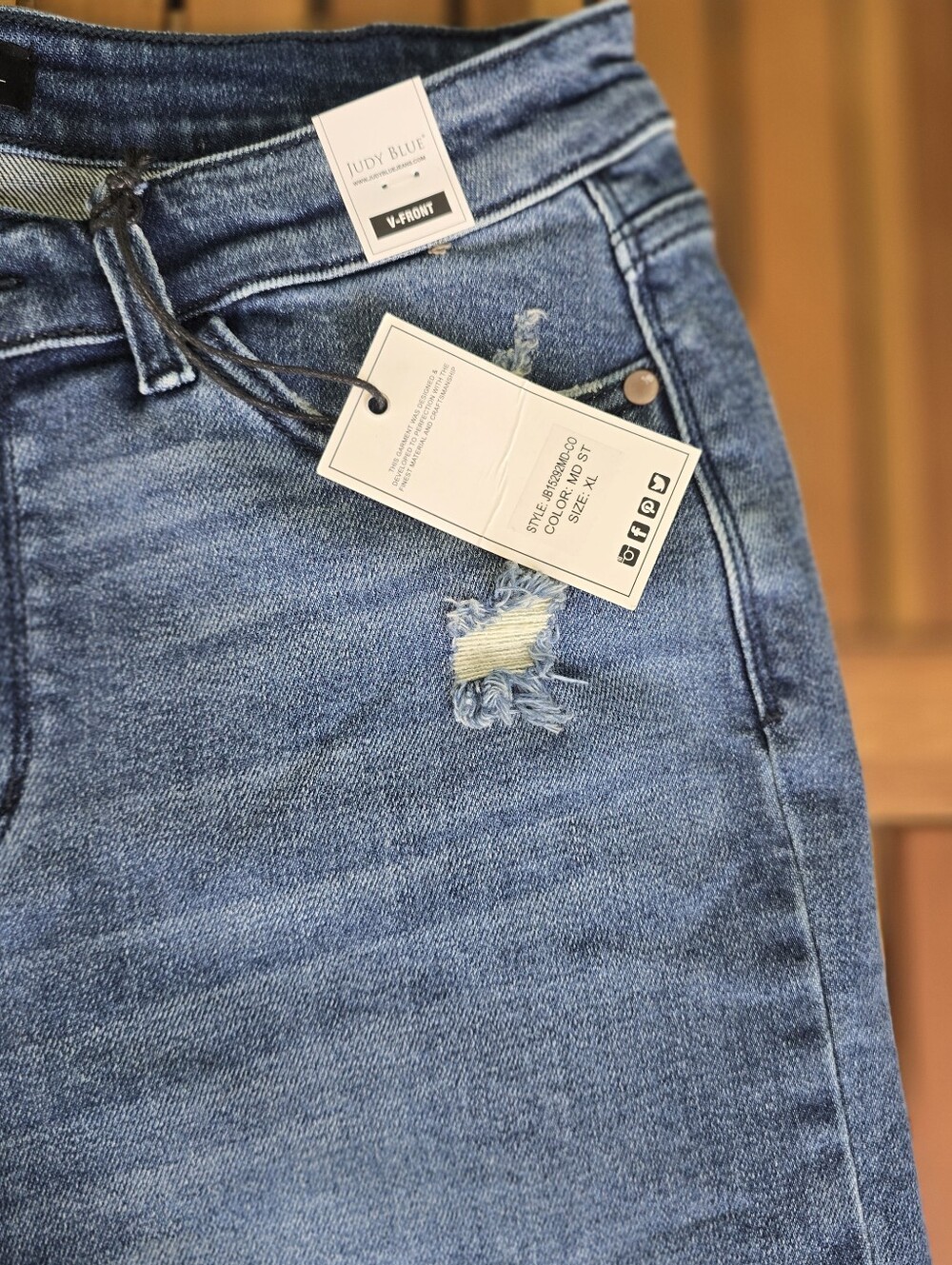NWT Judy Blue V-Front Distressed Denim Shorts (Size XL) - Picture 6 of 10